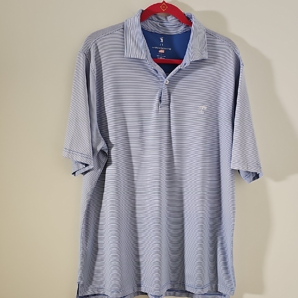 Fairway & Greene Blue Striped Men's Polo Shirt. Size Large Made In USA.